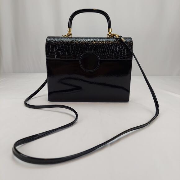 Vintage La Regale 50's Lunchbox Style Black Patent Leather Handbag Shoulder Bag - Picture 2 of 9